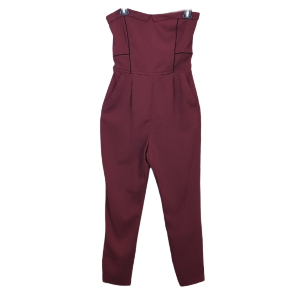 Dynamite Strapless Tailored Jumpsuit Sweetheart Neckline Tapered Burgundy Small